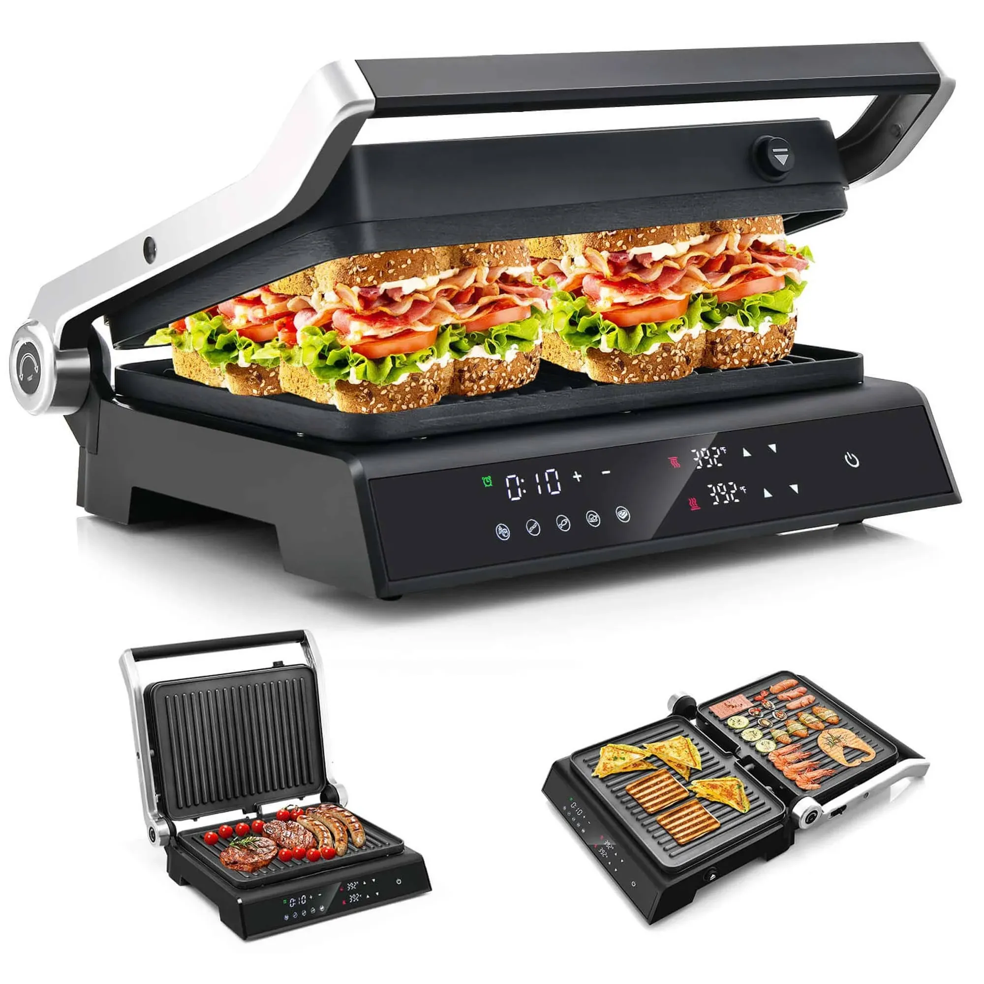 Costway Electric Panini Press Grill Sandwich Maker with LED Display & Removable Drip Tray