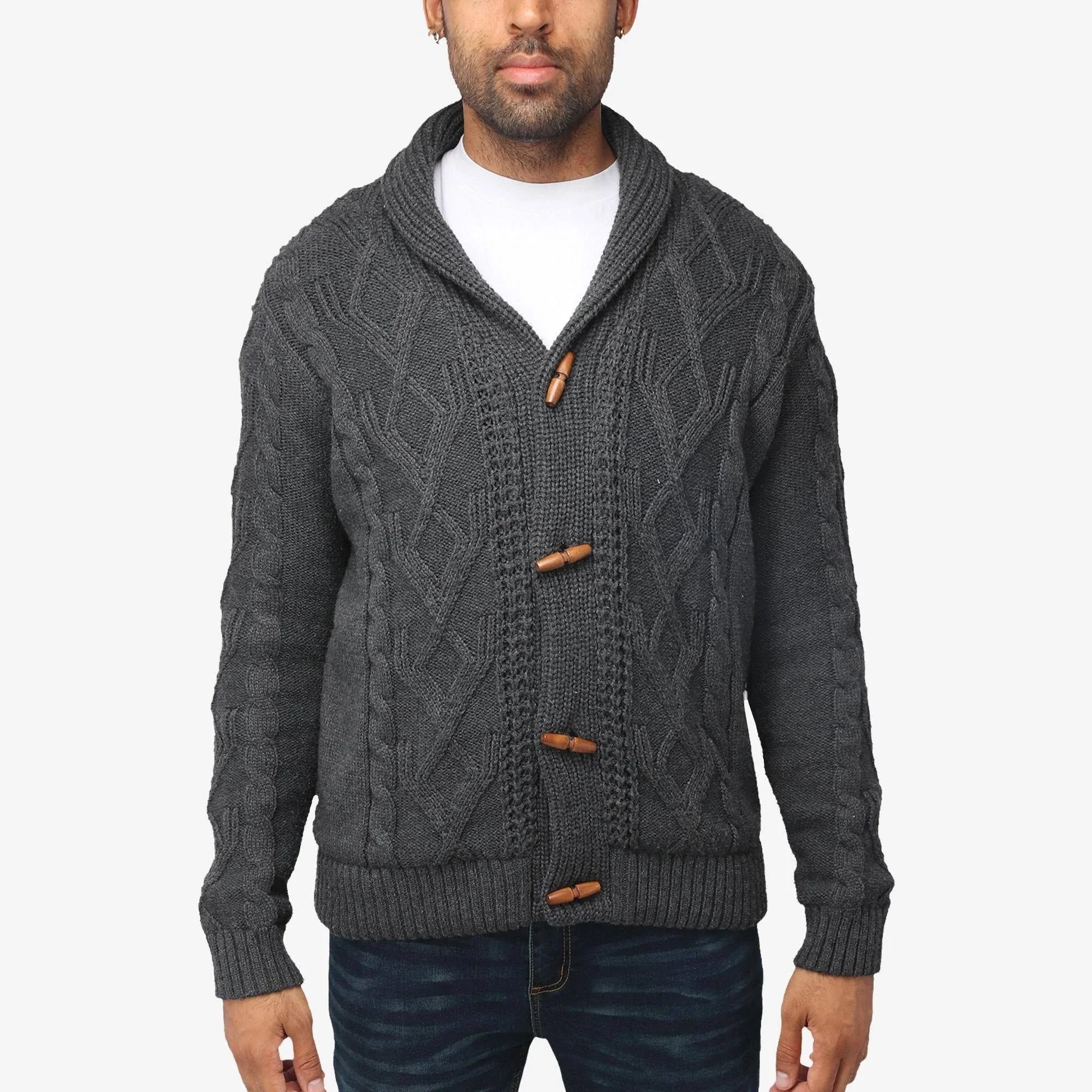 X-Ray Men's Shawl Collar Cable Knit Cardigan - Charcoal - Size S