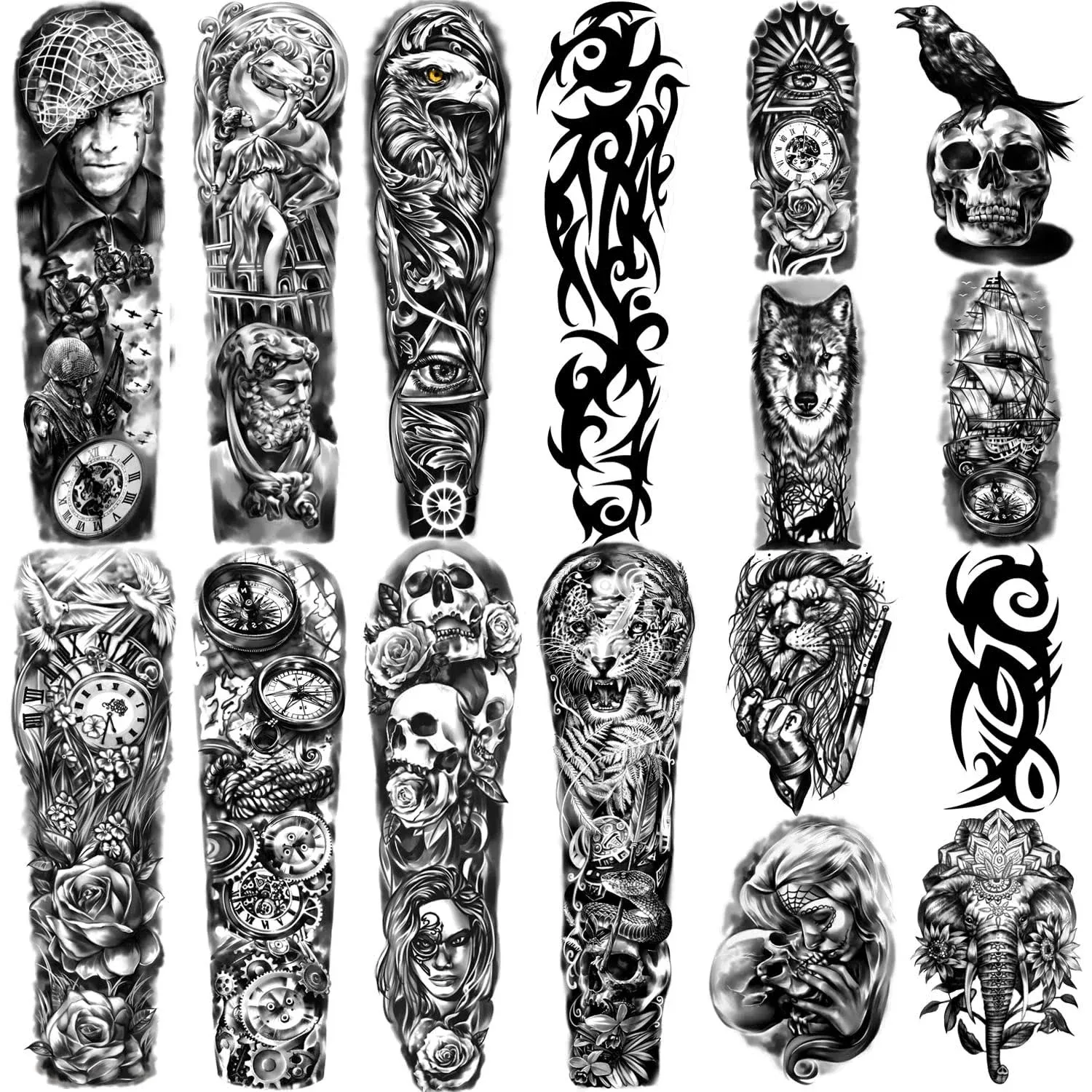 Waterproof Temporary Tattoos Full Arm 8 Sheets and Half Arm Fake Tattoos 8