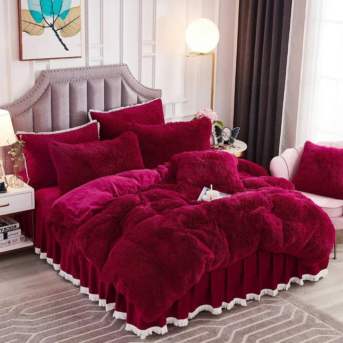 JAUXIO Luxury Long Faux Fur Bedding Set