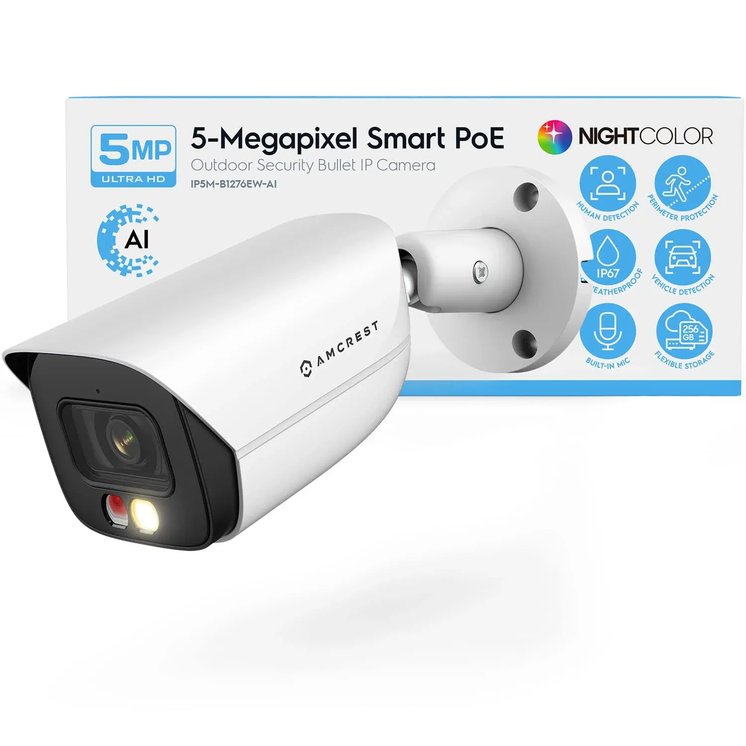 Amcrest 5MP IP PoE AI Camera w/ 49ft Color Night Vision, Security Outdoor Bullet Camera, Built-in Microphone, Human & Vehicle Detection, Active Deterrent, 129° FOV, 5MP@20fps IP5M-B1276EW-AI (White)