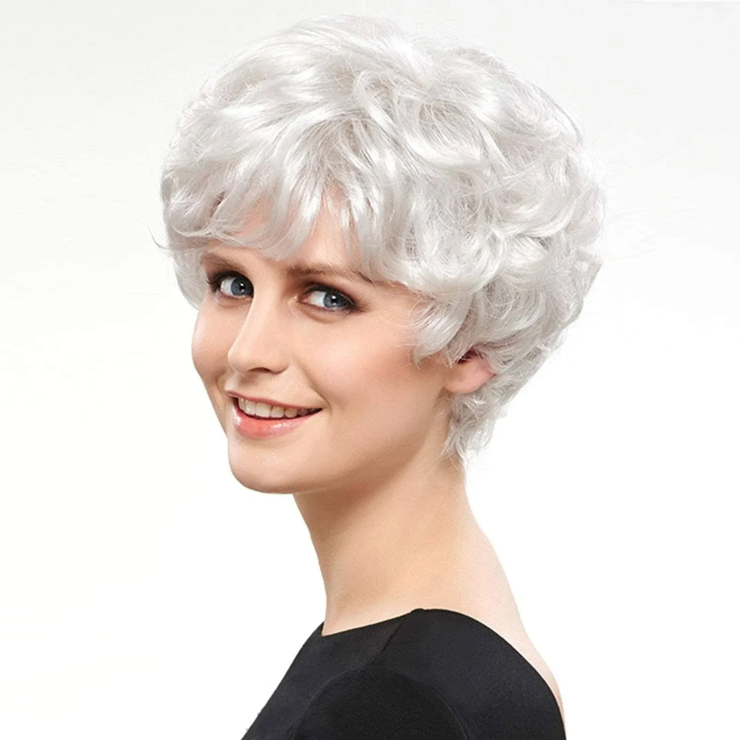 Short Curly White Wigs Natural Layered Synthetic Wigs Halloween Cosplay Costume Wig for Women