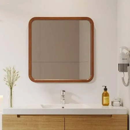 LVSOMT 23.6 inch x 23.6 inch Wall Mirror, Wooden Mirror for Bathroom Bedroom Livingroom, Walnut, Size: 23.6 x 23.6, Brown