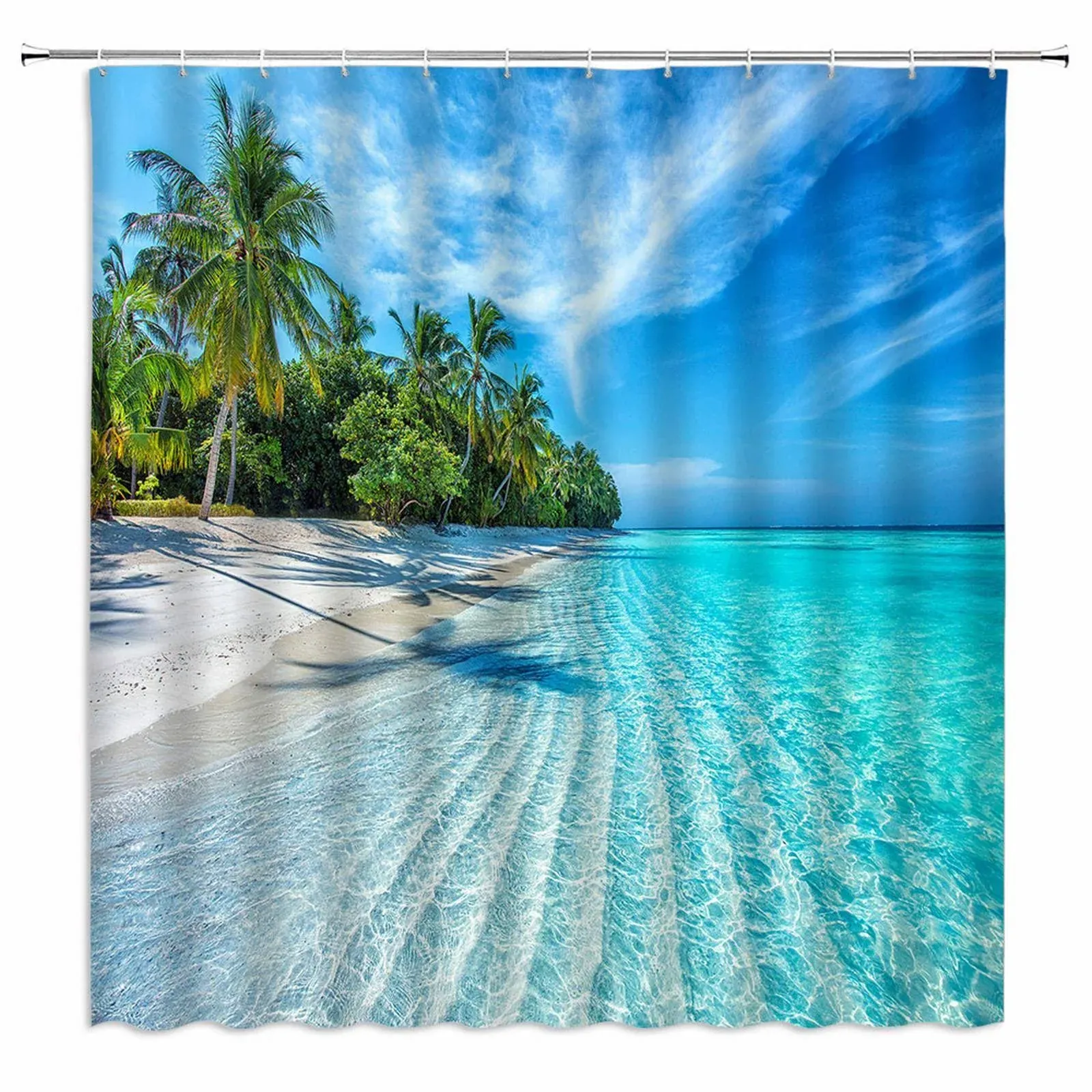 Ocean Beach Shower Curtain Tropical Palm Trees Seaside Island Blue Sky Sunshine Nature Summer Hawaiian Scene Home Decor Fabric Bathroom Set with Hooks（70" WX70 H）