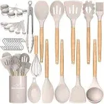 Umite Chef Kitchen Cooking Utensils Set, 33 pcs Non-Stick Silicone Cooking Kitchen Utensils Spatula Set with Holder, Wooden Handle Silicone Kitchen Gadgets Utensil Set (Khaki)