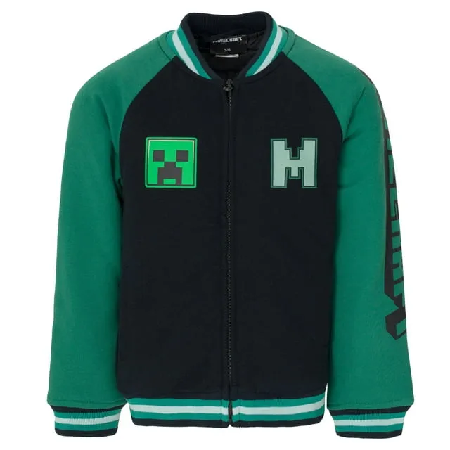 Minecraft Creeper Big Boys French Terry Zip Up Varsity Bomber Jacket Black 18-20