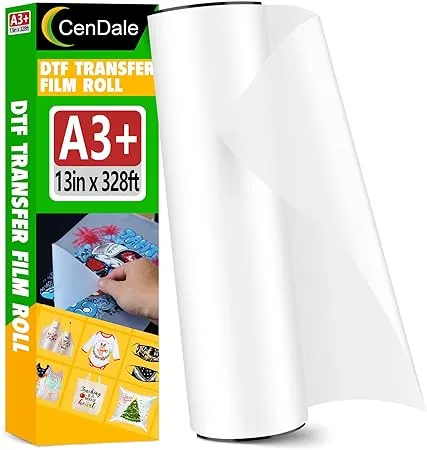 CenDale DTF Transfer Film Roll 13"x 65.6ft - Premium A3+ DTF Film Roll, Double Sided Matte Clear Pretreat Pet Heat Transfer Paper, Hot & Cold Peel