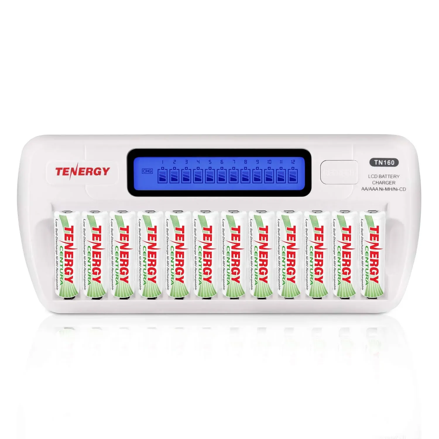 Tenergy TN160 12-Bay LCD NiMH/NiCd AAA/AA Battery Charger + AA NiMH Rechargeable Batteries