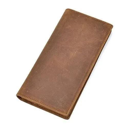 Men's Genuine Leather Long Wallet with Zipper Pocket Vintage Bifold Chain ...