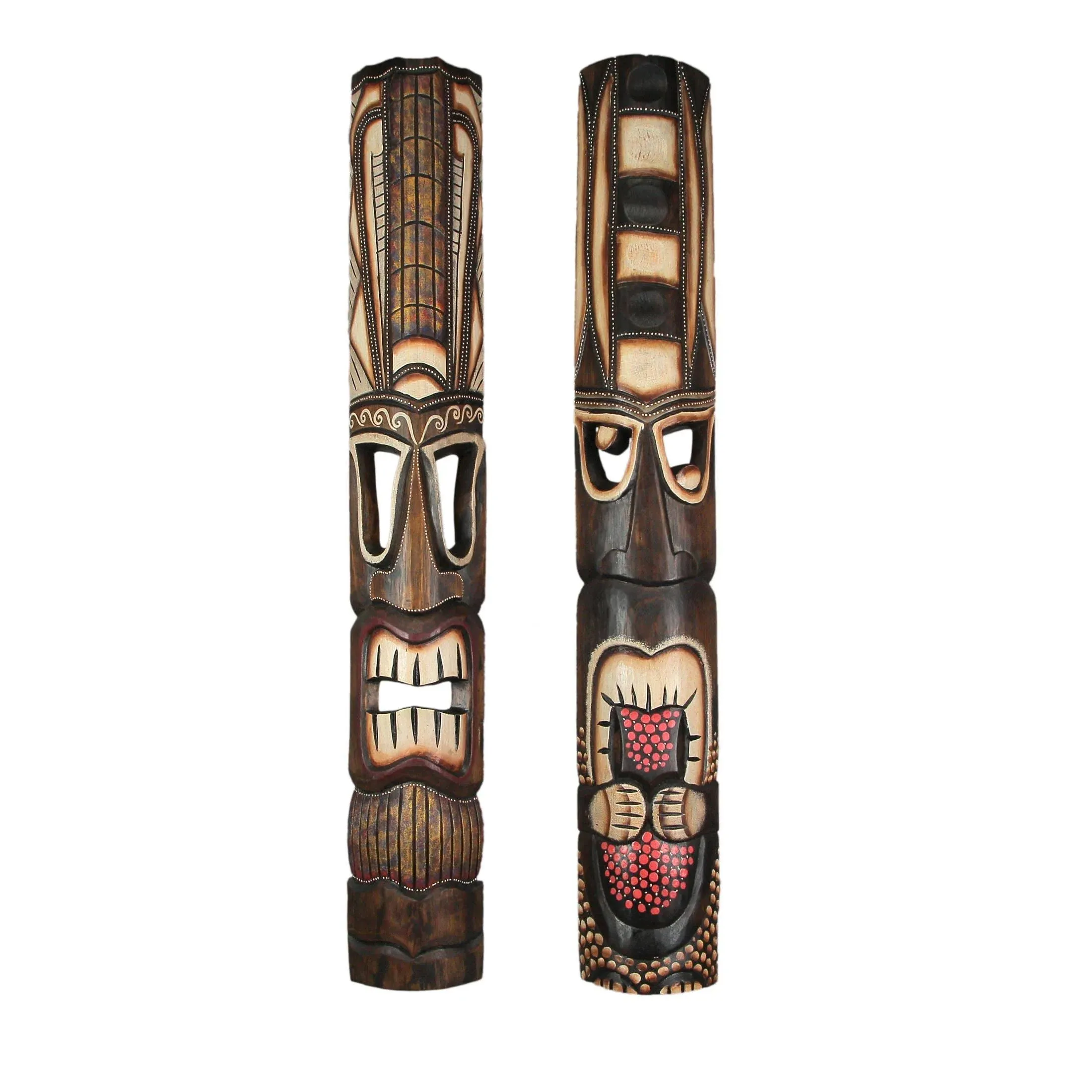 40 Inch Set of 2 Hand Made Wooden Tiki Masks Decorative Tropical Wall Art Decor