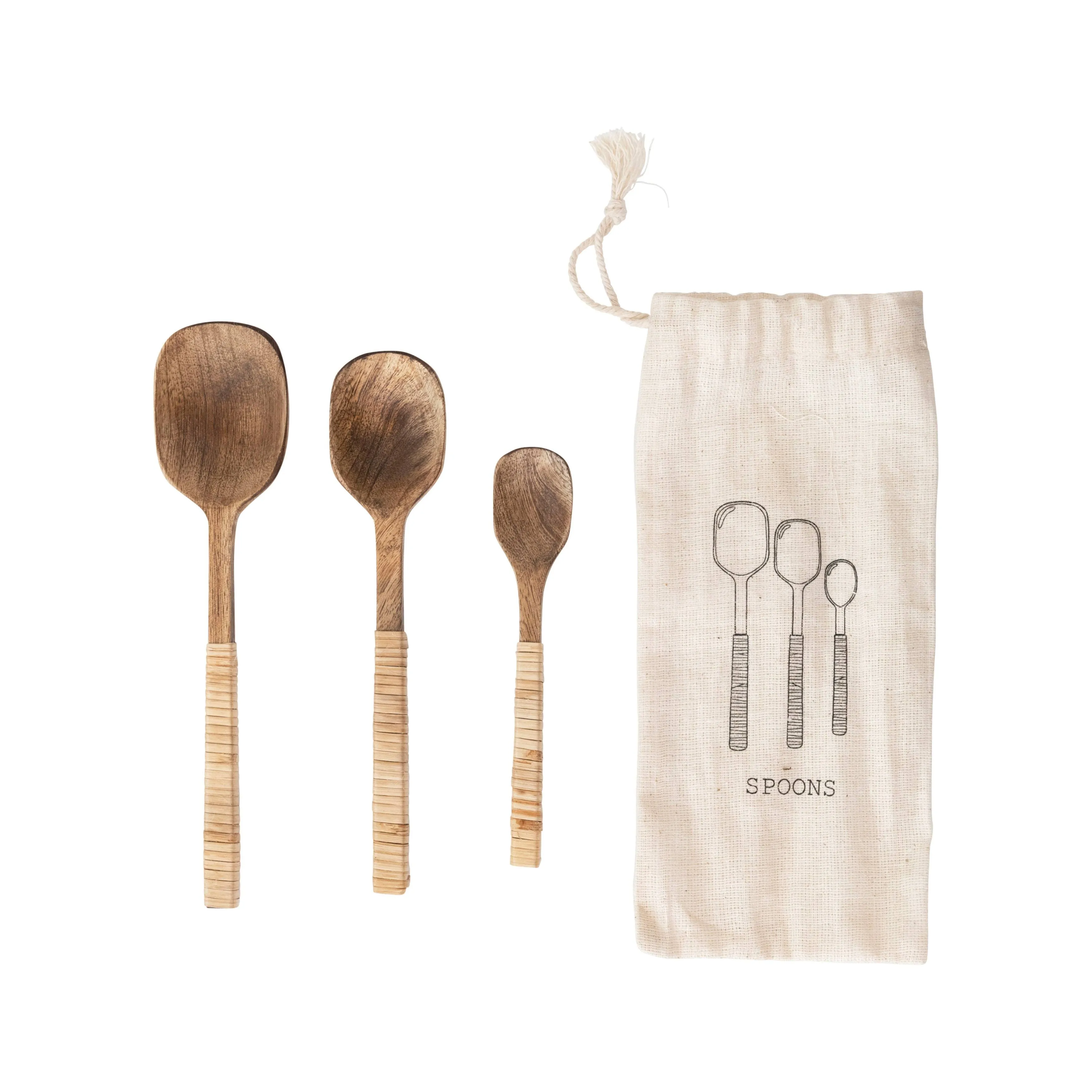 Creative Co-op Mango Wood Spoons with Bamboo Wrapped Handles, Set of 3 in Printed Drawstring Bag