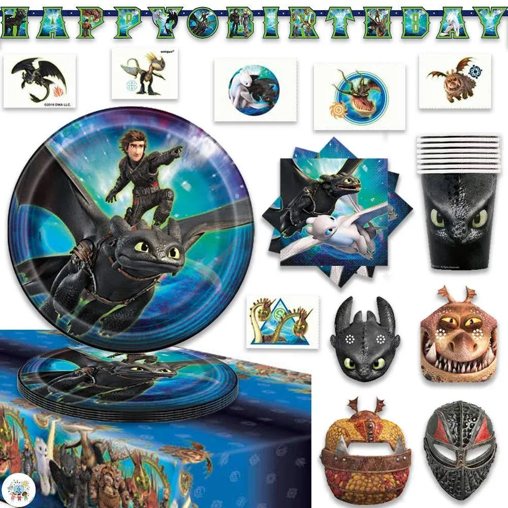 How To Train Your Dragon Birthday Party Supplies Pack For 16 With How To Train Your Dragon Dinner Plates, Cups, Napkins, Table Cover, Tattoos, Masks, Birthday Banner and Pin by Another Dream