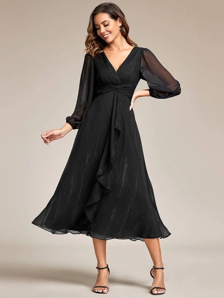 Ever-Pretty Women's Elegant A Line Ruched V Neck Long Sleeves Tea-Length Wedding Guest Dresses 01977