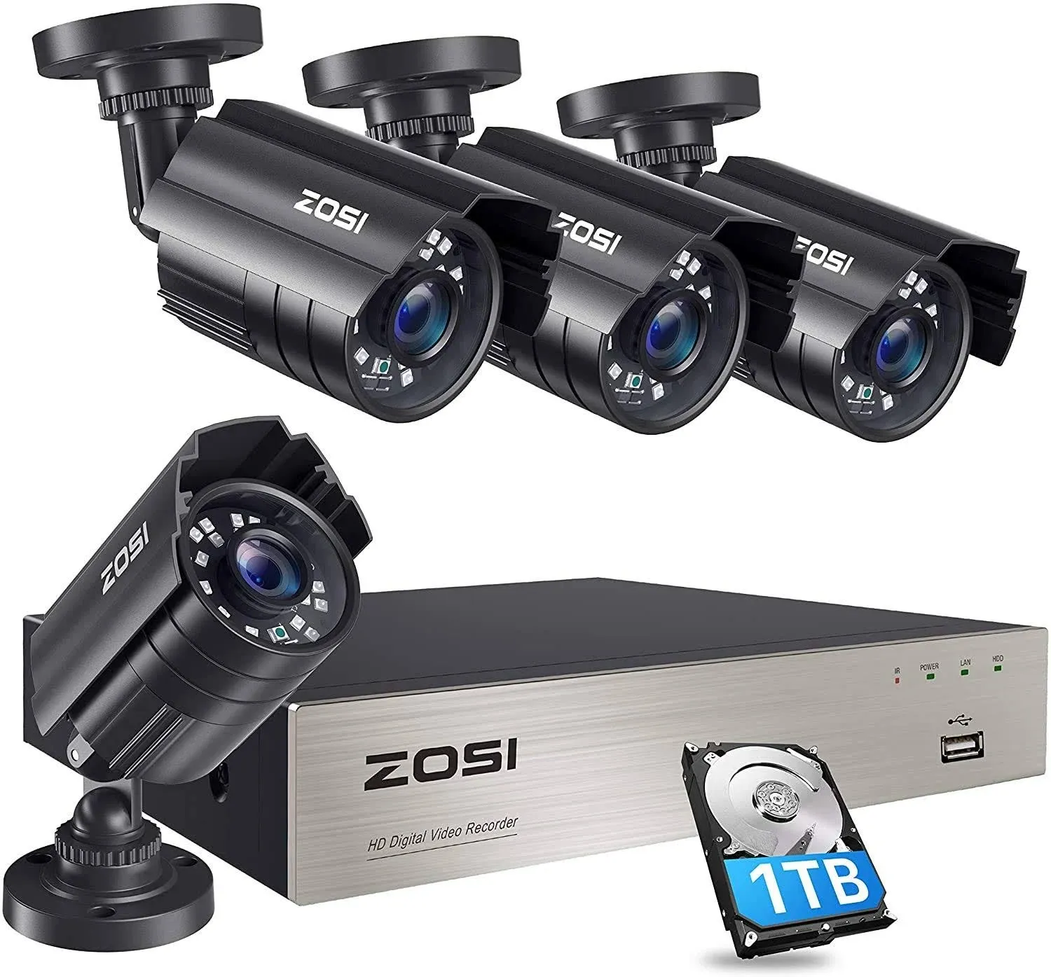 ZOSI 1080P Security Camera System with 1TB Hard Drive H.265+ 8CH 5MP Lite HD-TVI Video DVR Recorder with 4X HD 1920TVL 1080P Indoor Outdoor Weatherproof CCTV Cameras (Renewed)