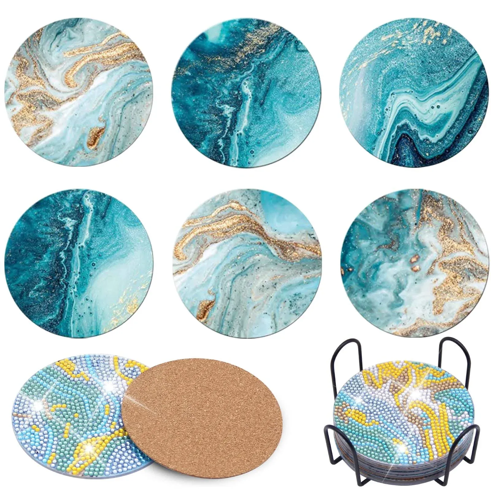 APCGSM 6pcs Diamond Painting Coaster with Holder, Marble Ocean Diamond Painting ...