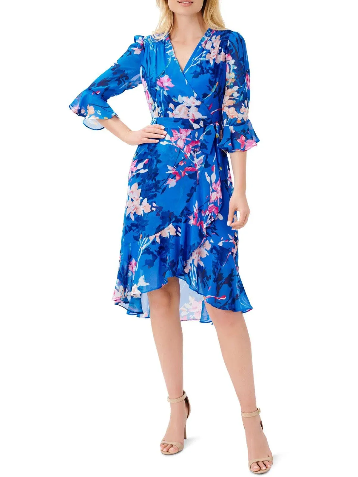 Adrianna Papell Womens Floral Print Surplice Neckline Wrap Dress Blue 0