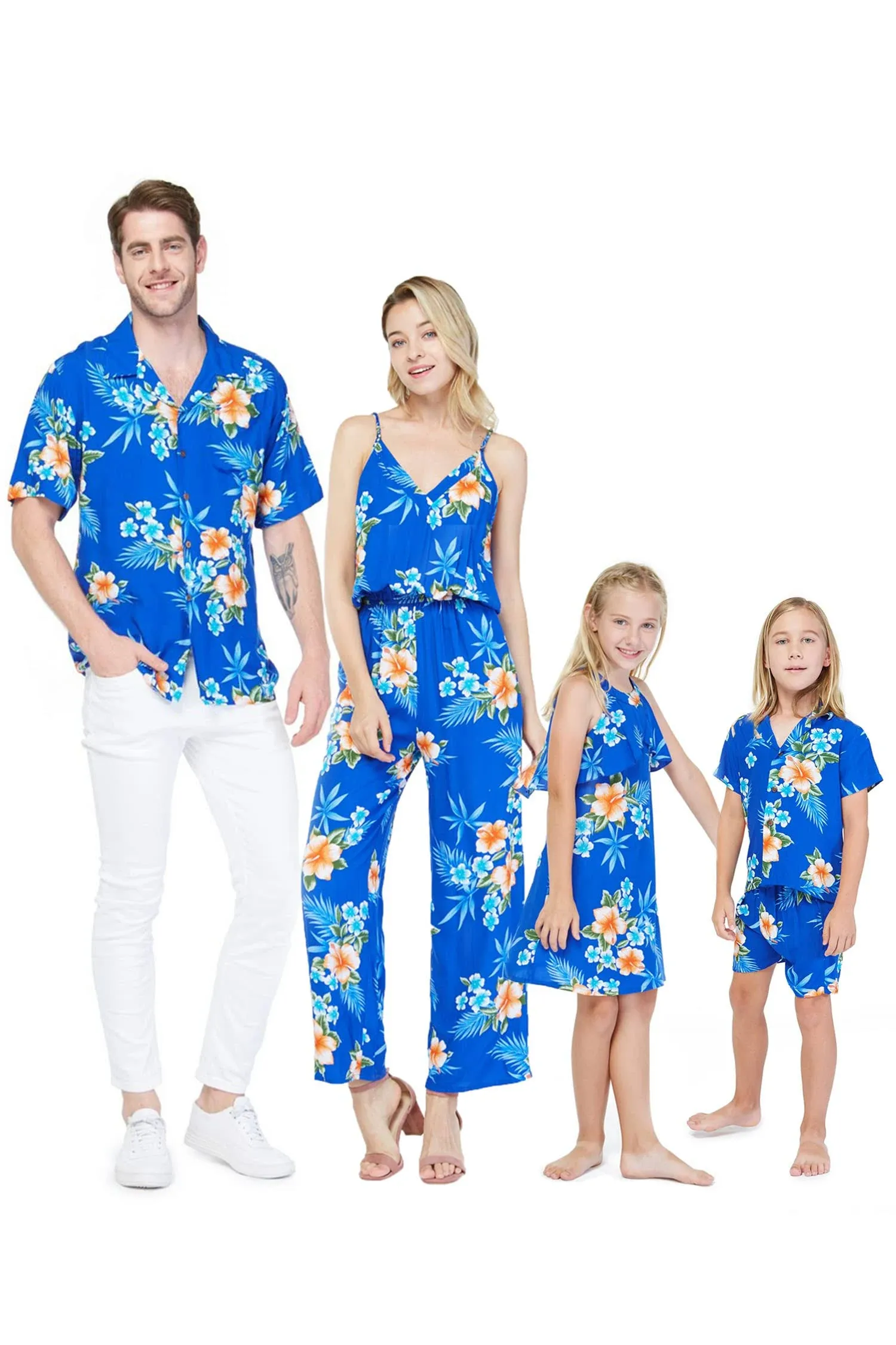 Matchable Family Hawaiian Luau Men Women Girl Boy Clothes in Hibiscus Blue