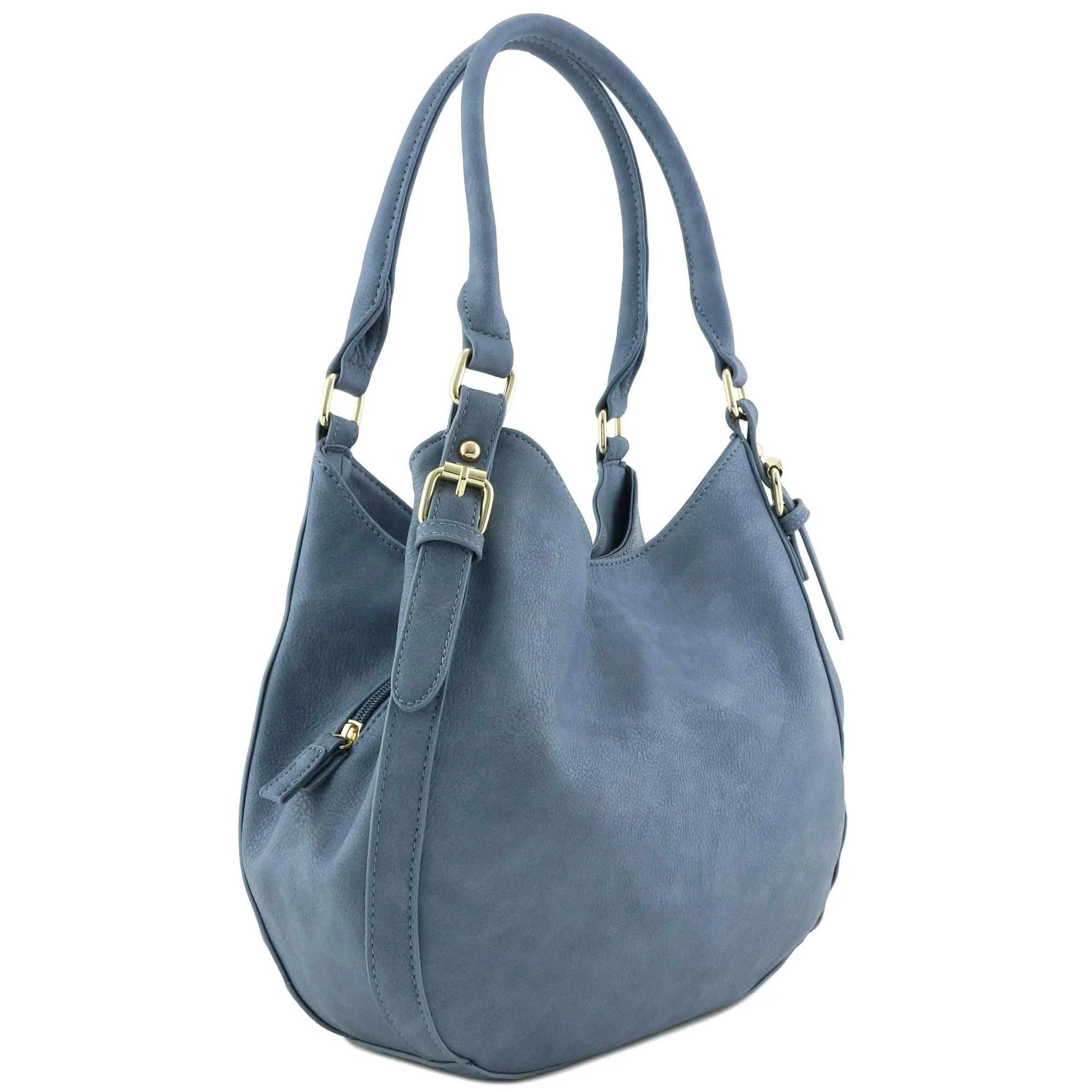 FashionPuzzle Light-Weight 3 Compartment Faux Leather Medium Hobo Bag Blue-grey ...