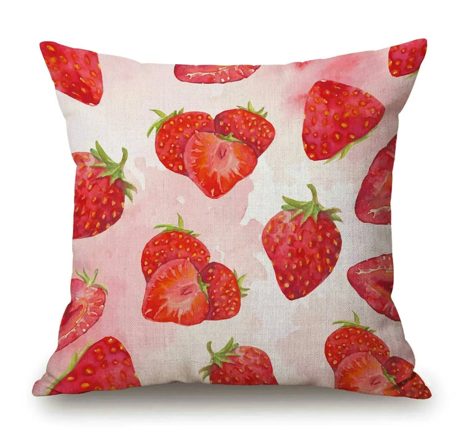 Throw Pillow Cover Red Strawberries Cotton Linen Square Pillow Case Decorative Cushion Cover Pillowcase for Sofa 18"X 18"