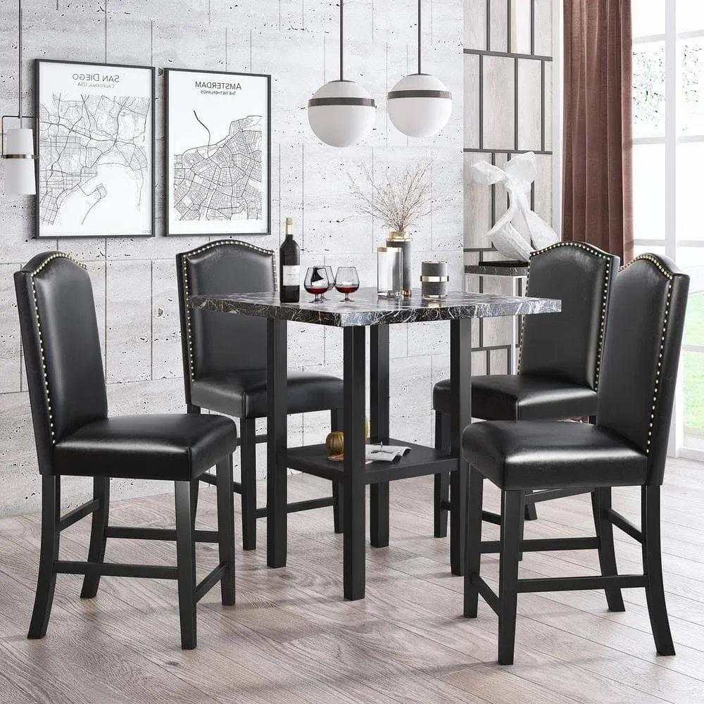 5pc Dining w/ Matching Chairs &amp; Bottom Shelf For Dining Room Blk Chair+Blk Table