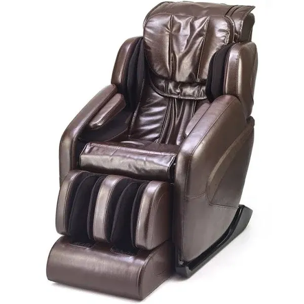 Inner Balance Wellness Jin Brown/Glossy Antiqued Faux Leather Upholstered Powered Reclining Zero Gravity Massage Chair with Ottoman Set