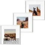 HAUS AND HUES Solid Oak Wood 12”x12” Picture Frames Matted to 8”x8” Set of 3 - Square White Frames 12x12, White Frame with Mat, 12 x 12 Frames, Square Picture Frame 12x12, White Wood Frame