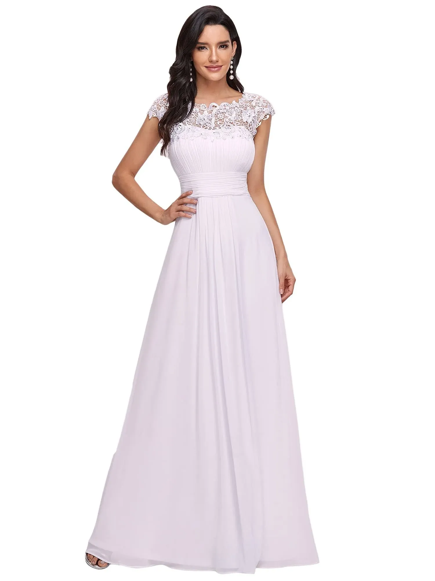 Ever-Pretty Women's Cap Sleeve Ruched Lace Round Neck Chiffon Formal Evening Gowns 09993-US