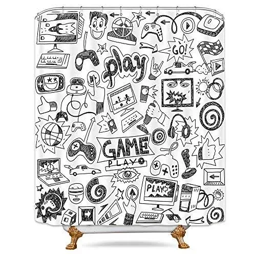 Shower Curtain Video Game Boys Black and White Sketch Funny Graffiti 72&#034;Wx72&#034;H