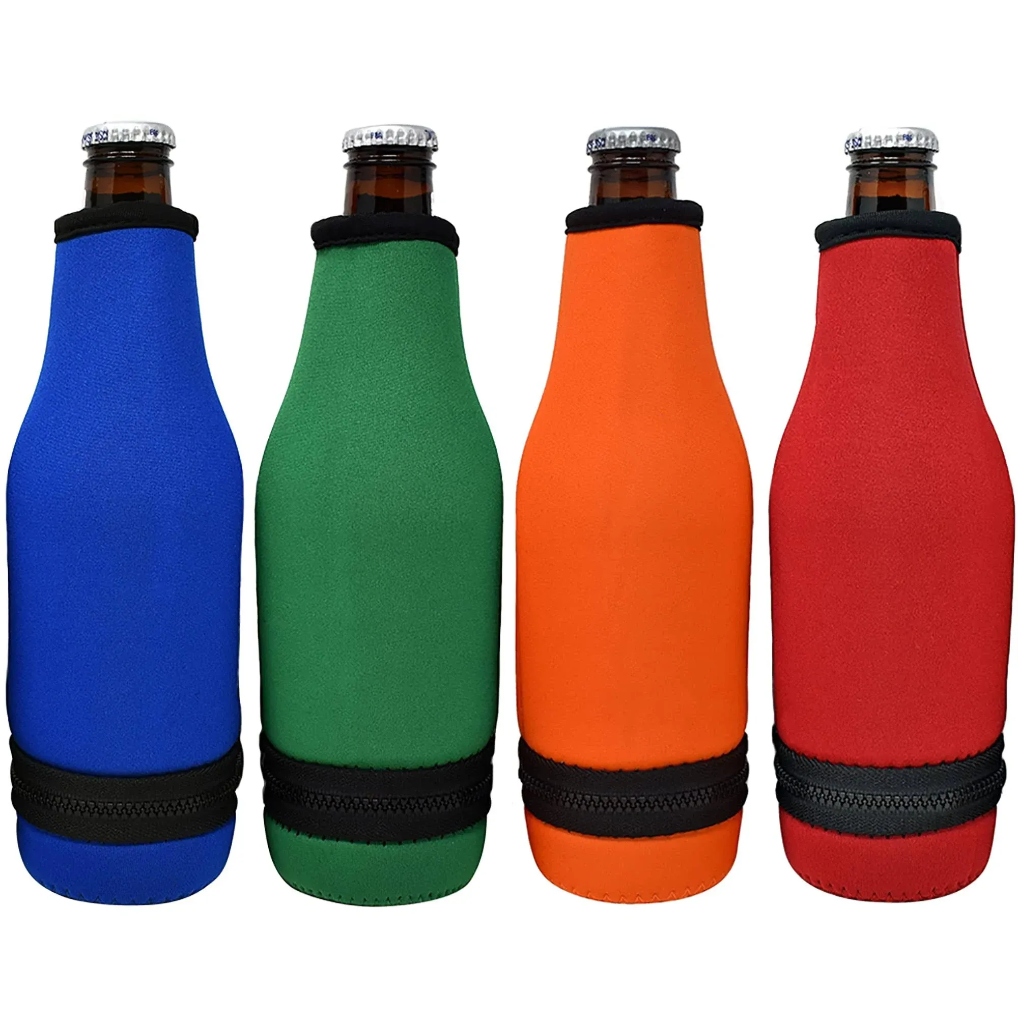 TahoeBay Beer Bottle Sleeves - Easy Zipper Bottom - Neoprene Insulated Cooler Covers Fit Standard 12oz Long Neck Bottles Enclosed Bottom (Multicolor, 4-Pack)