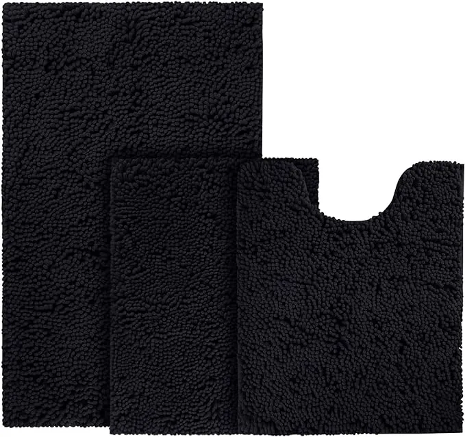 BYSURE Black Bathroom Rugs Sets 3 Piece Non Slip Extra Absorbent Plush Chenille Soft Washable Bath Rugs and Mats Set