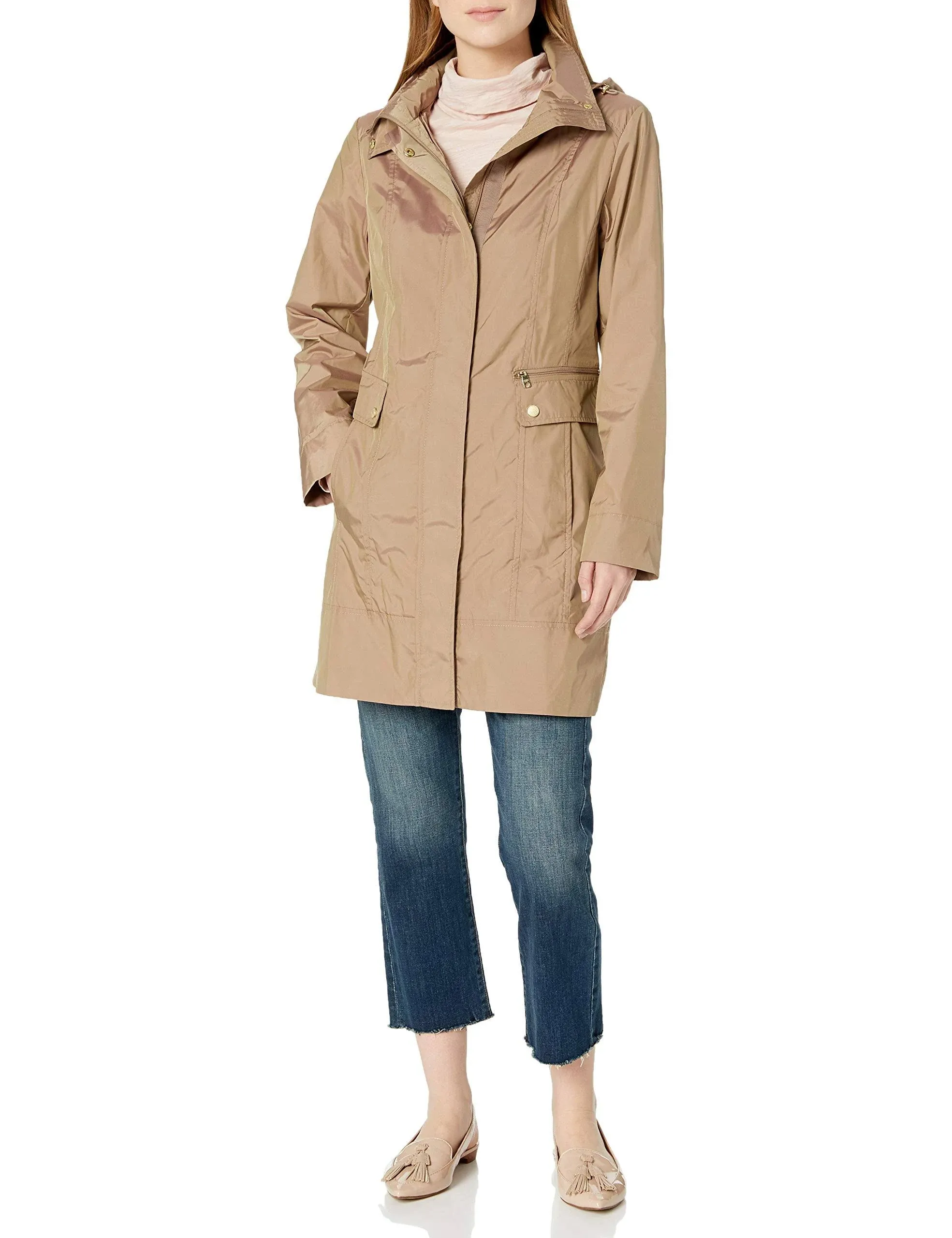 Cole Haan Women's Packable Hooded Rain Jacket with Bow