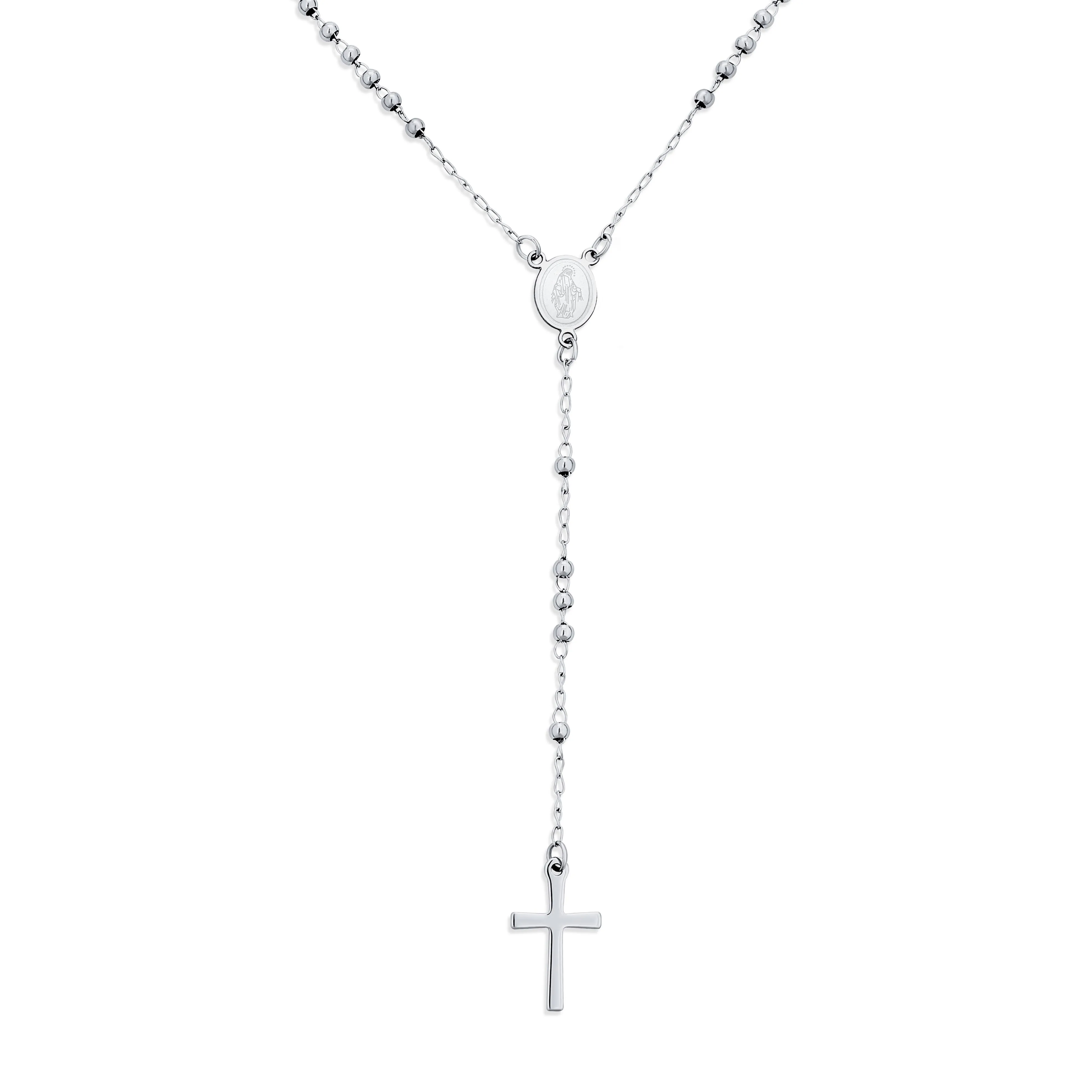 Religious Catholic Rosario 2MM Round Ball Beaded Link Holy Blessed Mother Virgin Mary Delicate Simple Cross Engraved Pray on Modern Heart Rosary Necklace Chain For Women Teen Silver Tone