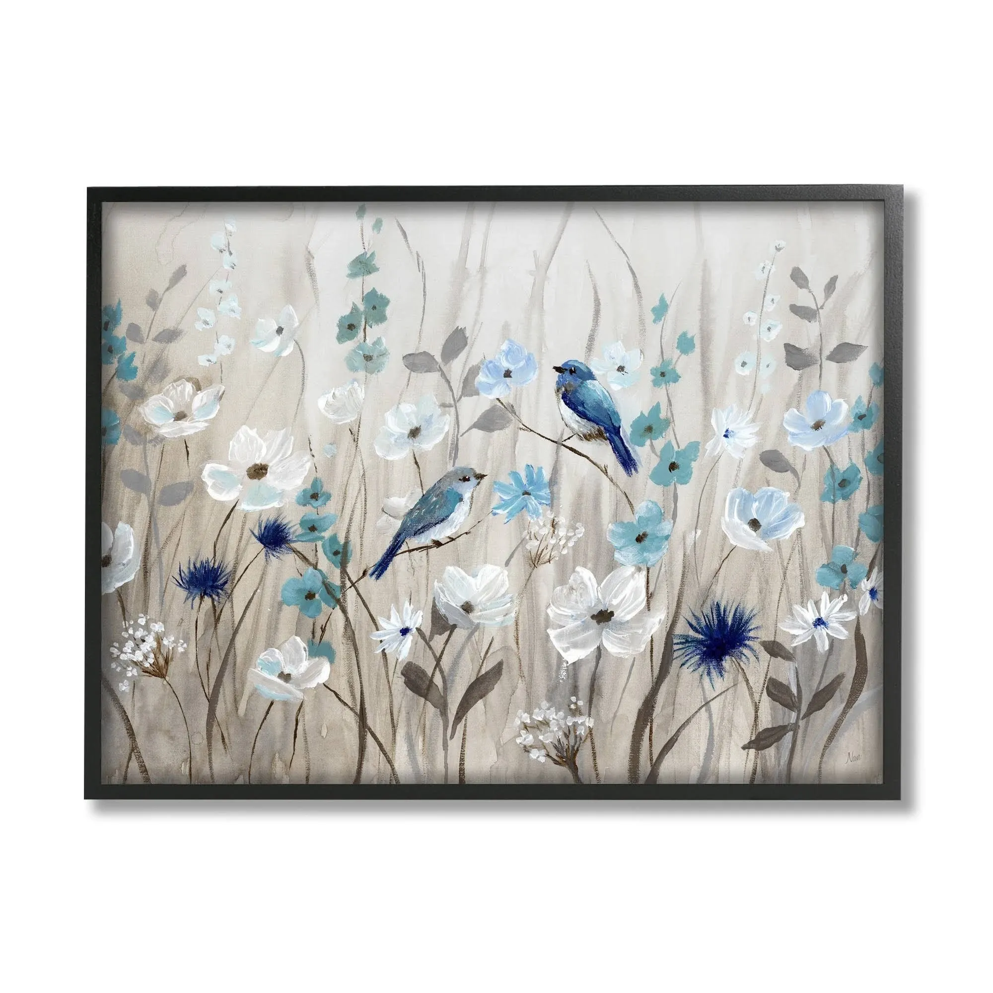 Stupell Industries Birds Floral Meadow Blue White Blossoms Framed Giclee Art