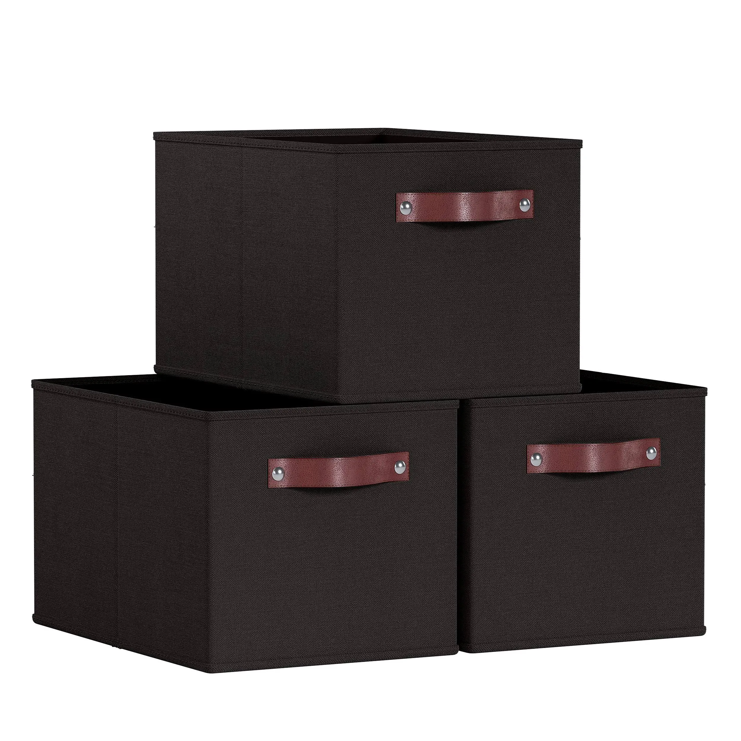 Foldable Linen Storage Bin with Leather Handles  - Set of 3