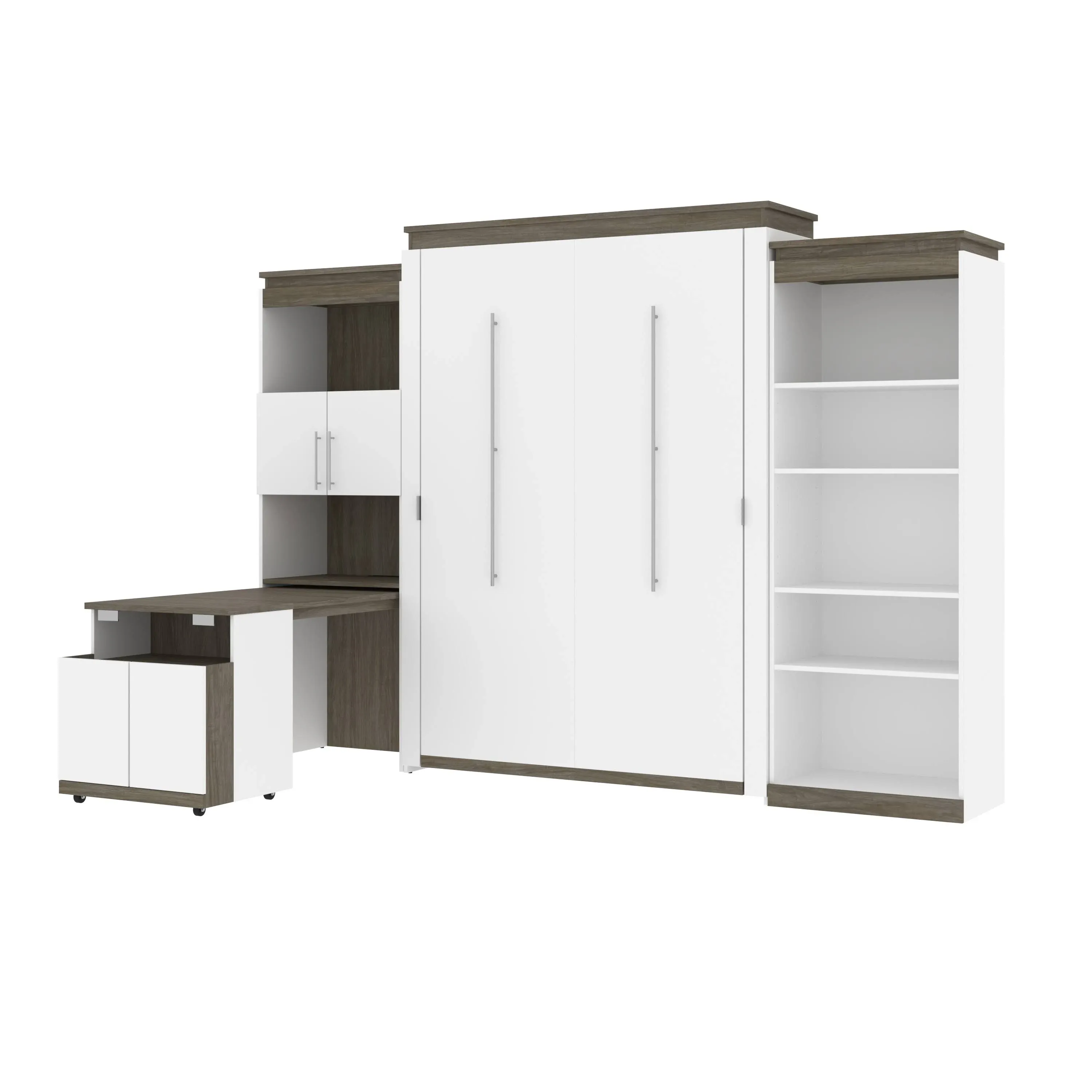 Orion White And Walnut Grey 124" Queen Murphy Bed With Shelving And Fold Out Desk